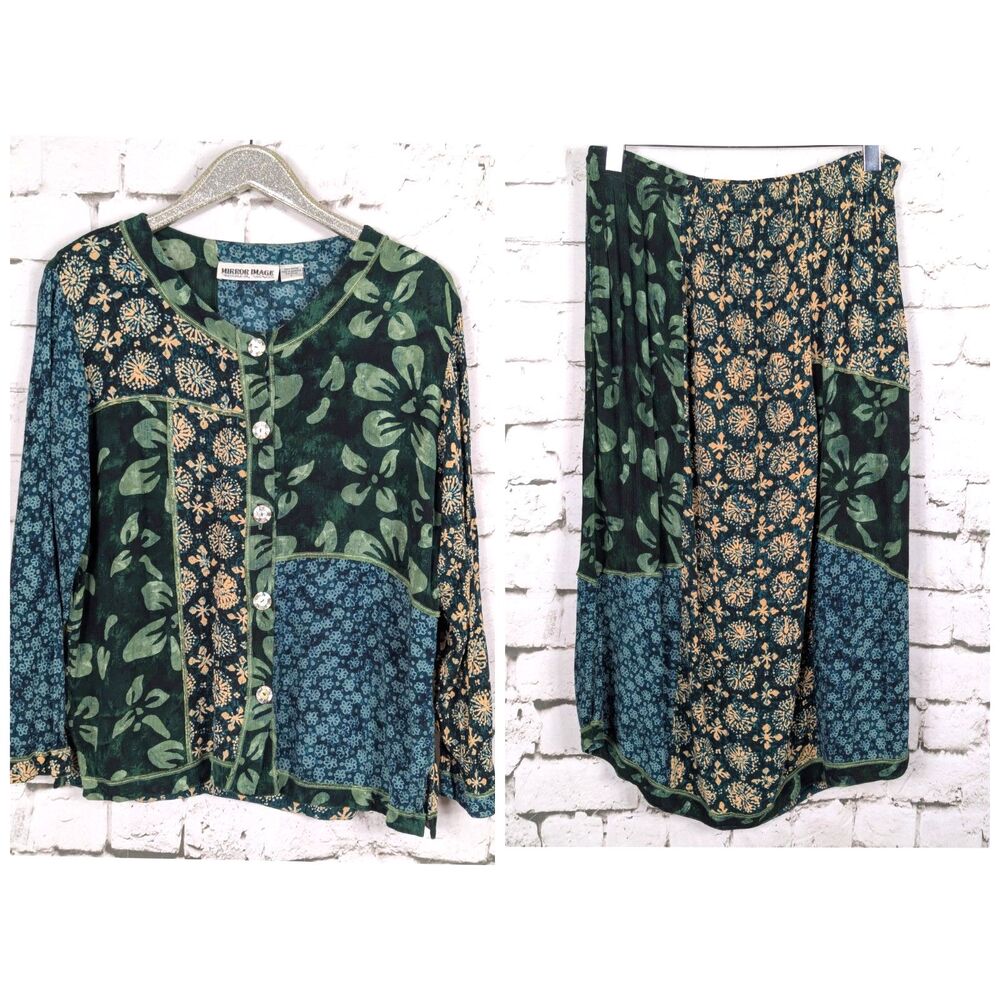 VINTAGE MIRROR IMAGE Boho Cottage Hippie Indie Top & Maxi Skirt Set Large